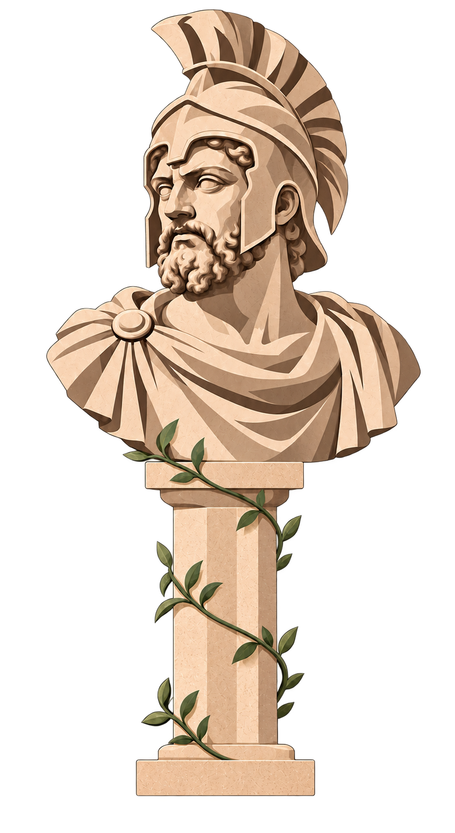 Spartan statue on a column with leaves
